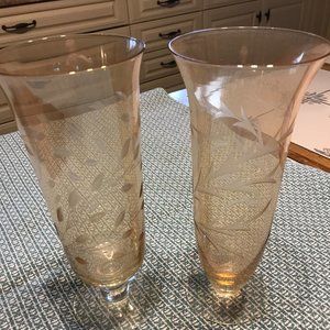 Vintage Vases etched with leaf floral pattern